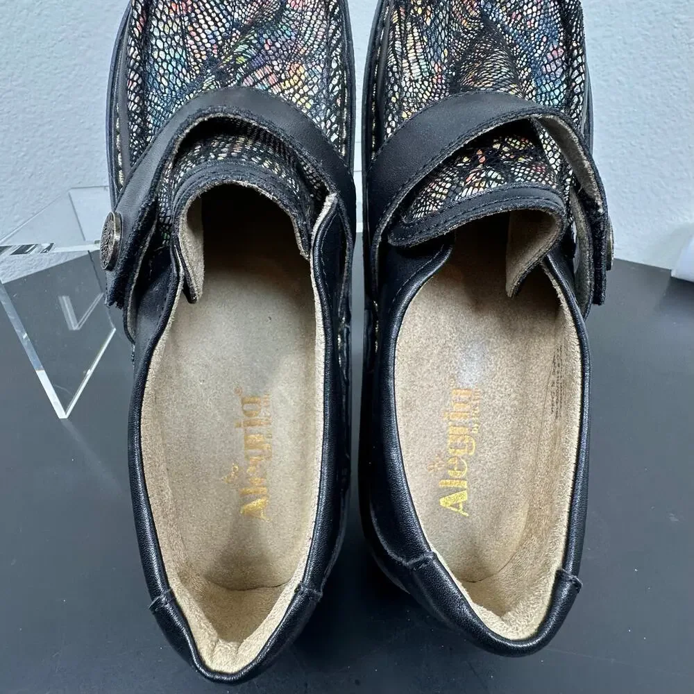 Alegria Women Black Metallic Leather Moc Toe Loafers Slip On Size 10 Preowned